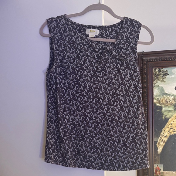 Maeve Tops - Maeve Brown & Gray Patterned Sleeveless Shell with Neck Bow/Knot